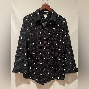 NWOT -Chico's 100% Cotton No Iron Button Down Polka Dot Shirt - Black/White -3.5